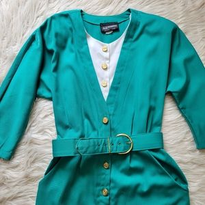Vtg S L Fashions Green Dress Midi BeltGold Button Pockets 80s 90s Office Sz 14